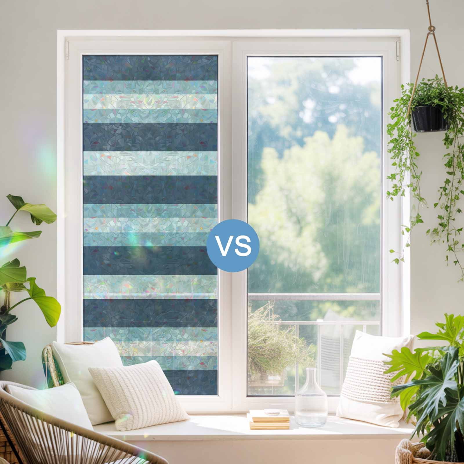 Blue Striped Window Privacy Film Rainbow Static Cling Stain Glass Window Film for Glass Door, Decorative Sunroof Decal Sticker for Car Bathroom 23.6"x59" Modern Gradient Abstract Lines Aesthetic