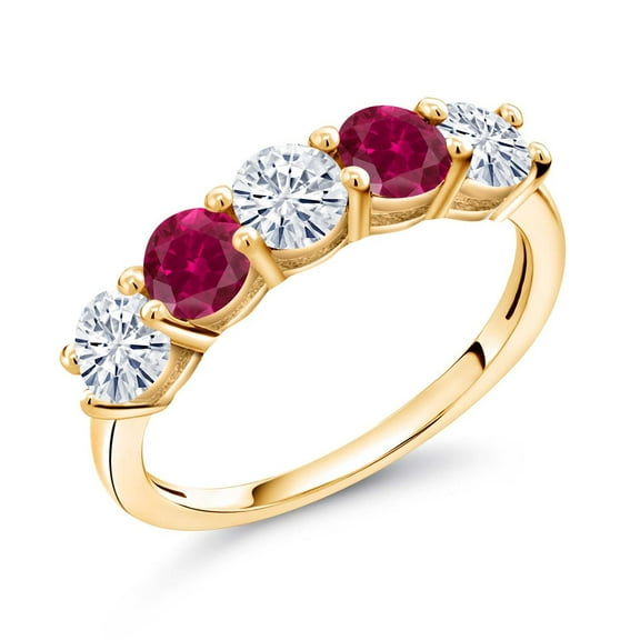Gem Stone King 18K Yellow Gold Plated Silver White Moissanite and Red Created Ruby Wedding Band Ring for Women (0.98 Cttw, Size 6)