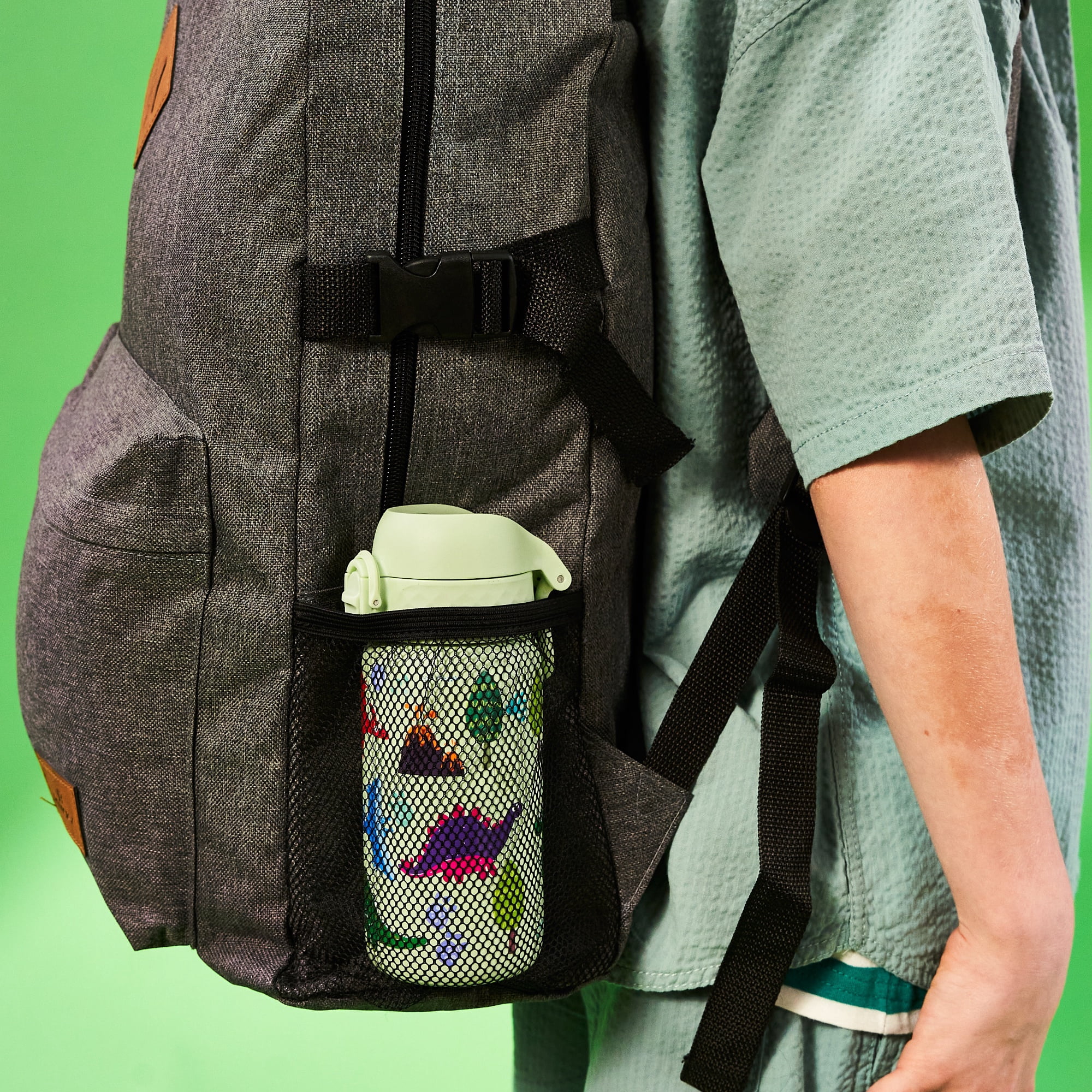 ION8 Leak Proof Flip-Top Stainless Steel Kids Water Bottle, Dishwasher-Safe, Dinosaurs, 400ml (13oz)