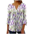 thumbnail image 3 of QATAINLAV 3/4 Length Sleeve Womens Tops Casual Button Up V Neck Tunic Shirts Fashion Leaf Print Ruched Flowy Blouses 2025 Vacation Beach Outfits Purple XXL Mother's Day Gifts, 3 of 6