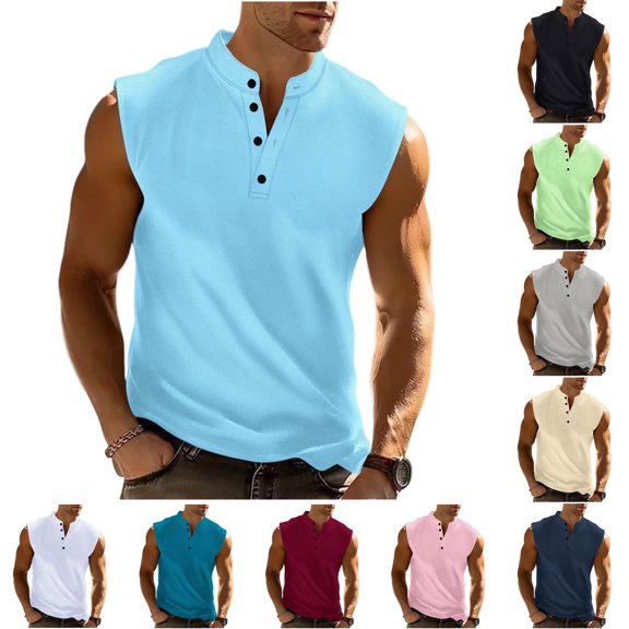 SGFCWSX Mens Tank Tops Sleeveless Henley Shirts for Men Casual Muscle Tee Summer Workout Golf Tank Top Light Blue Size L