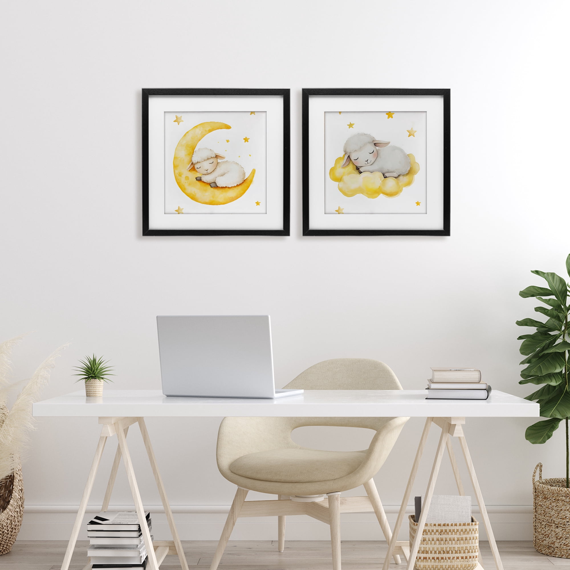 Stupell Industries Sleeping Sheep Cloud and Moon 2 Piece Black Framed Print Under Glass Set, design by LSR Design Studio