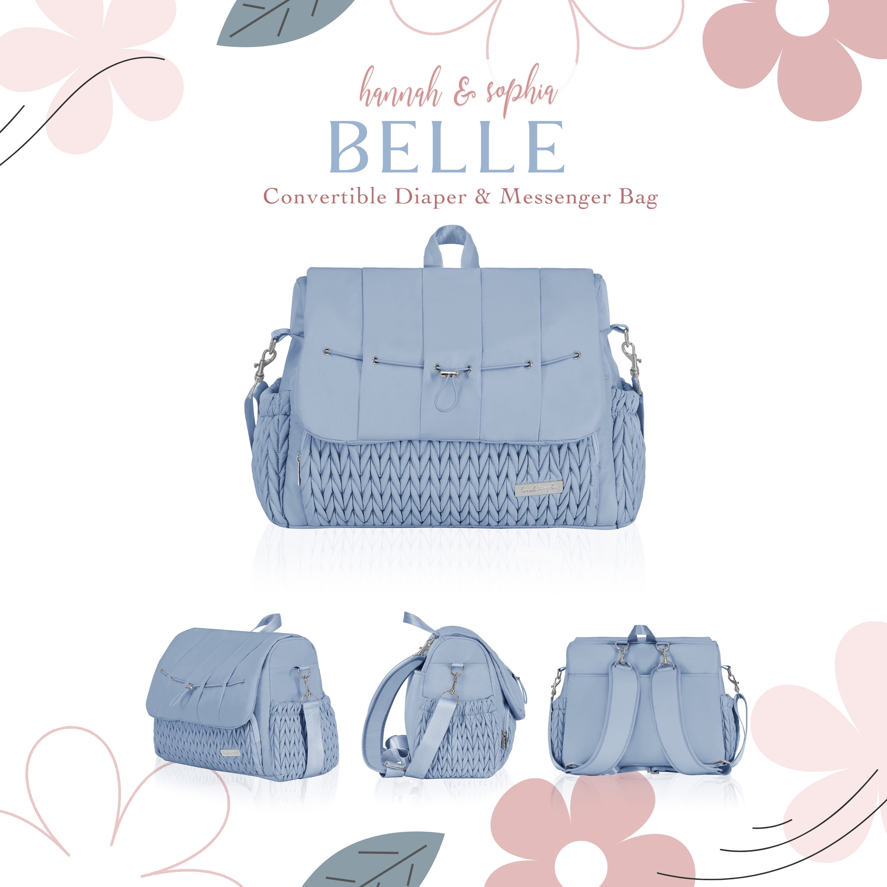 Sac à dos et sac messager convertible pour couches Hannah & Sophia Belle, bleu brume lunaire