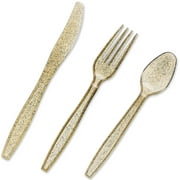 96 Pack Gold Glitter Plastic Silverware for Wedding Party Supplies, Cutlery Includes Forks, Spoons, and Knives (Serves 32)