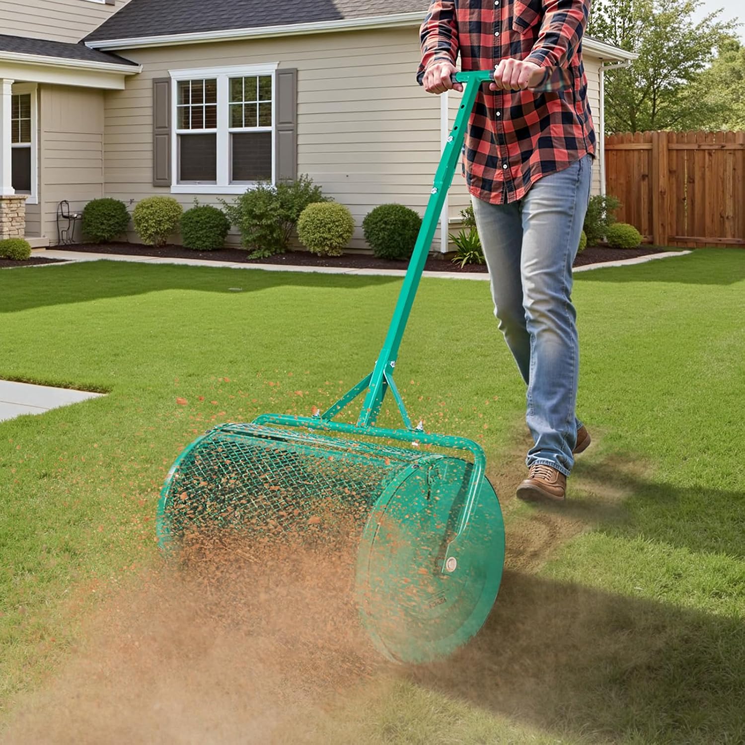 Garden Peat Moss Roller, Compost Spreader, 24 in Wide Heavy Duty Grass Seed Spreaders with T Shaped Handle, 3 Heights Adjustable, Powder-Coated Steel Peat Moss Spreader for Planting Seeding