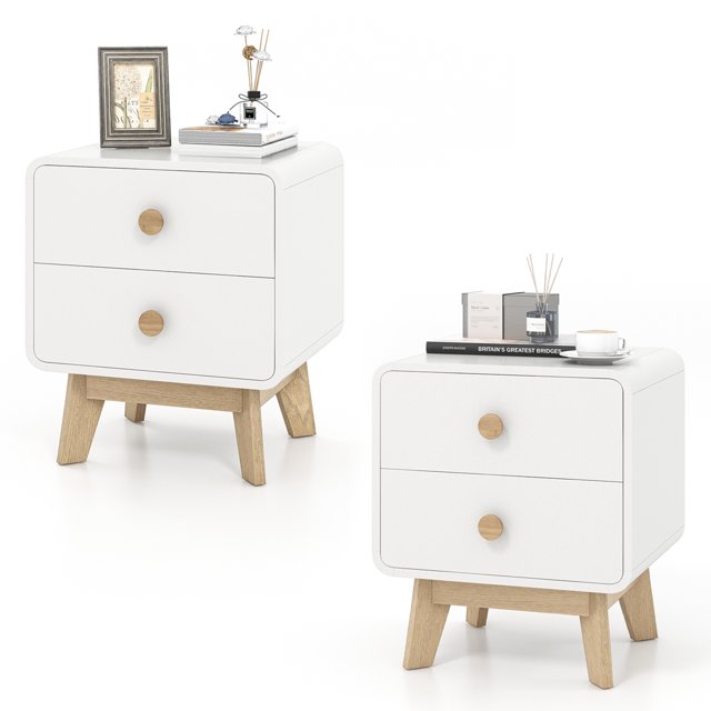 Costway 2 PCS Nightstand Mid Century Modern Bedside Table with 2 Drawers Solid Rubber Wood Legs White