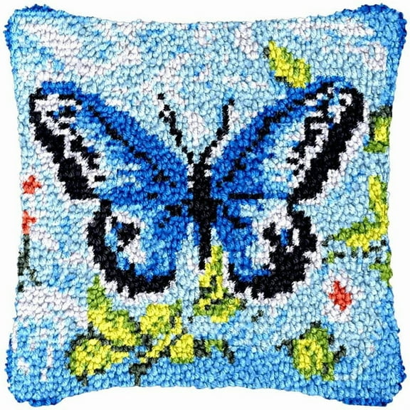 Blue Butterfly Latch Hook Pillowcase Kits for Adults and Starter DIY Cushion Latch Hooking Make Rug Kits with Preprinted Canvas Crochet Yarn Kits Needlework Crafts 17'' X 17''
