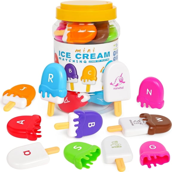 WOBOX Mini Ice Cream Letter Matching Toy Set - Preschool Educational Toy for Letter/Color/Animal Learning, Parent-Child Interaction with Storage Jar