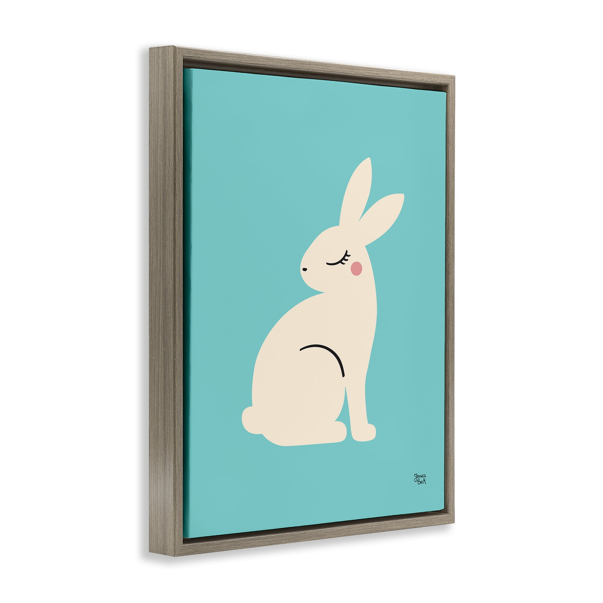 Stupell Industries Blushing Rabbit on Blue Animals Painting Brown Floater Framed Canvas Art Print Wall Art, 25 x 31