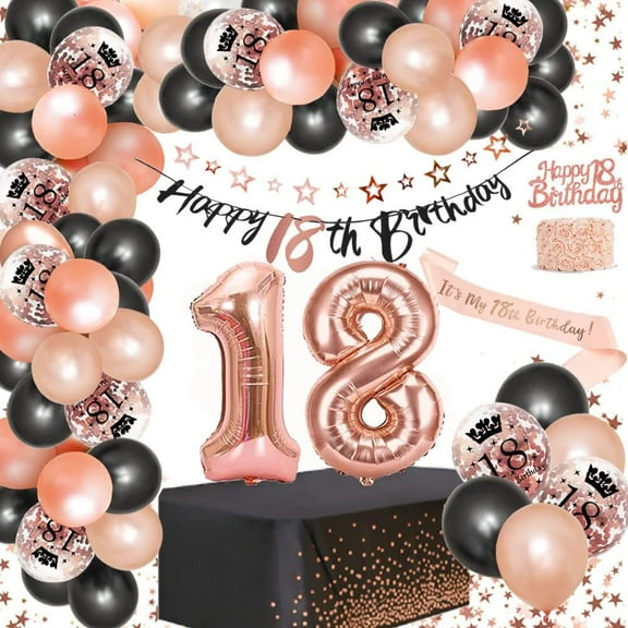 18 Birthday Decorations for Women, Black Rose Gold Confetti Balloons, Happy Birthday Banner, Cake Decorations, Reusable Tablecloths