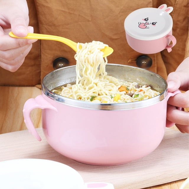 Pisexur Stainless Steel Double Layer Insulated Rabbit Fast Food Cup Large Capacity Plastic Stainless Steel Bowl With Lid Instant Noodle Bowl Pink,Free Size