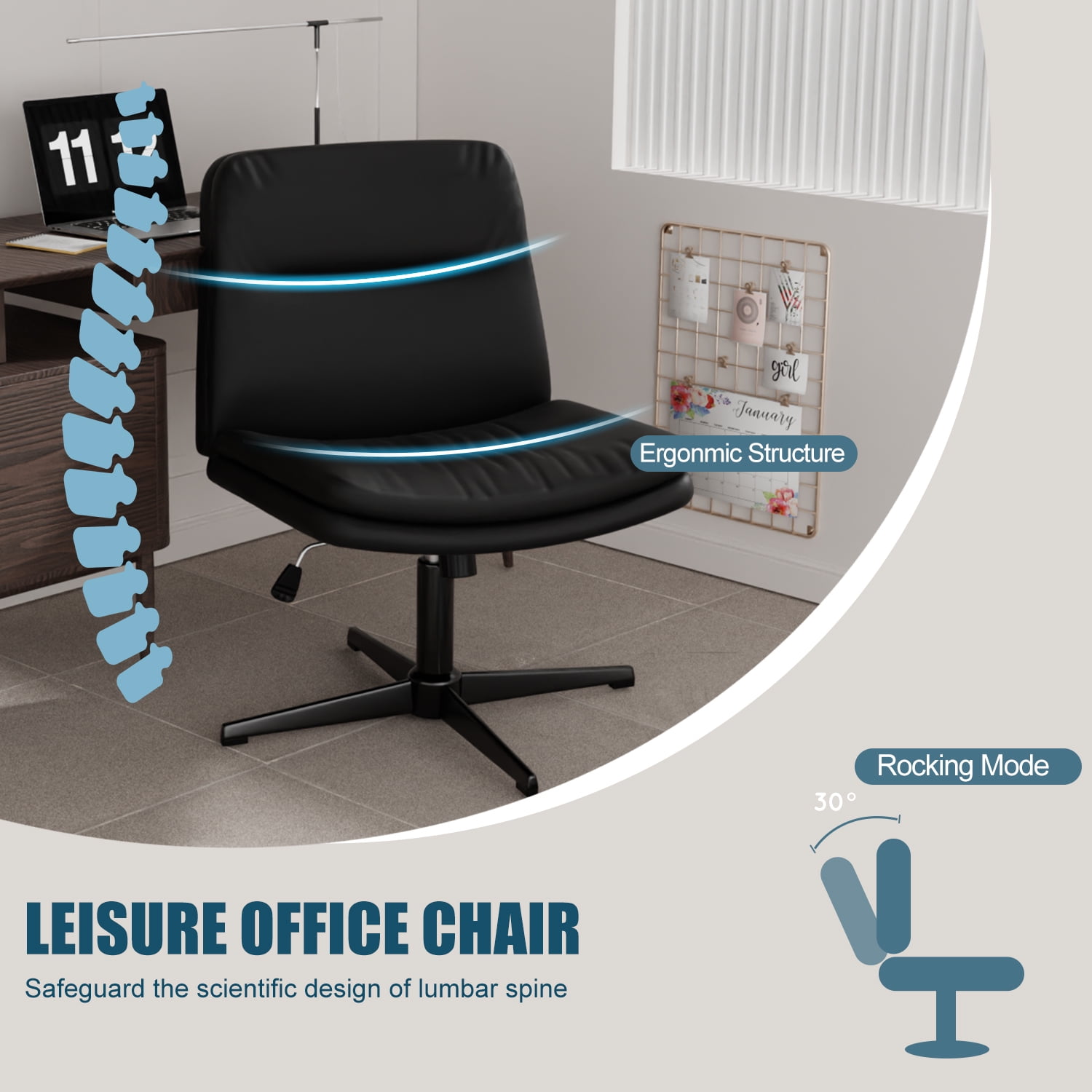 Cross Legged Office Chair,Armless Comfy Criss Cross Chair Wide Seat Ergonomic Home Office Desk Chair No Wheels Swivel Home Office Desk Computer Chair for Vanity Home Office Bedroom,Milky White