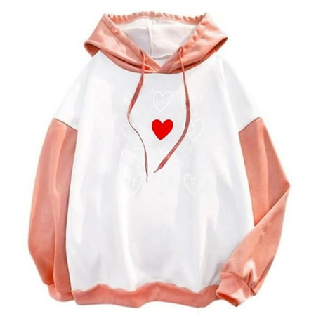 

koaiezne Women Casual Long Sleeve Valentine s Day Love Print Drawstring Pullover Hoodie Color Block Sweatshirt Pullover Scrub Tops Long Sleeve Women Ladies Christmas Tops