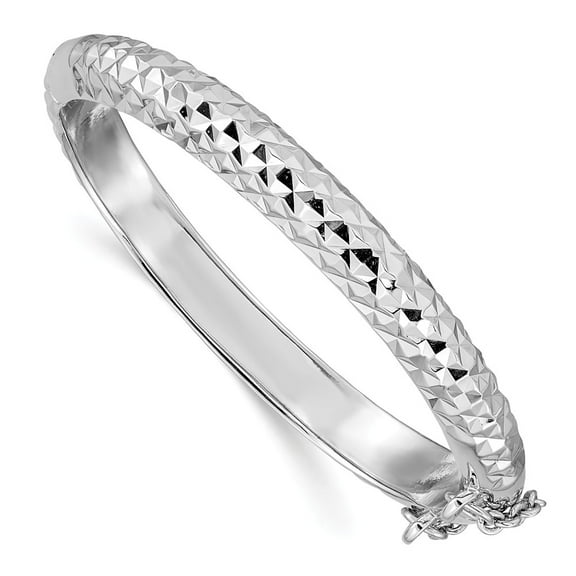 White Sterling Silver bracelet Bangle Diamond-cut Rhod. Plated diamond-cut with Safety Hinged Child's