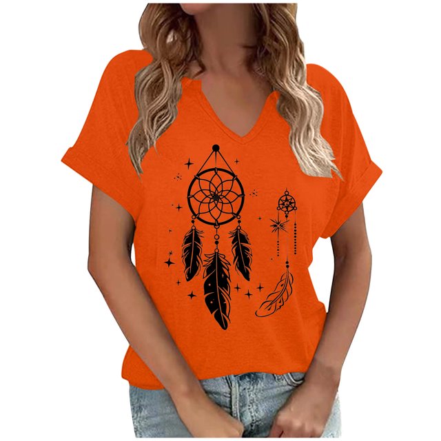 Dadaria Matters Tee pour Femmes Chemise Orange Manches Courtes T-Shirt Col en V Hauts Attrape-Rêves d'Été Blouses L
