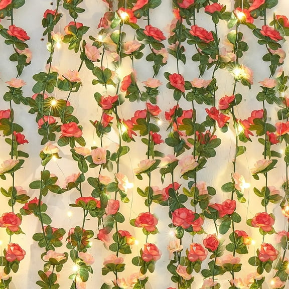 Flower Garland Rose Vines, Strands 6.5Ft Flowers Vines for Bedroom with 6.5 Ft/5LED String Lights, Rose Flower Garland Decoration, Rose Floral Garland for Room Table Wedding Decor