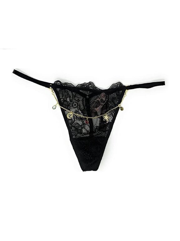 Very Sexy Shine V-String Black Lace Gold Charms Thong Panty Size X-Small NWT