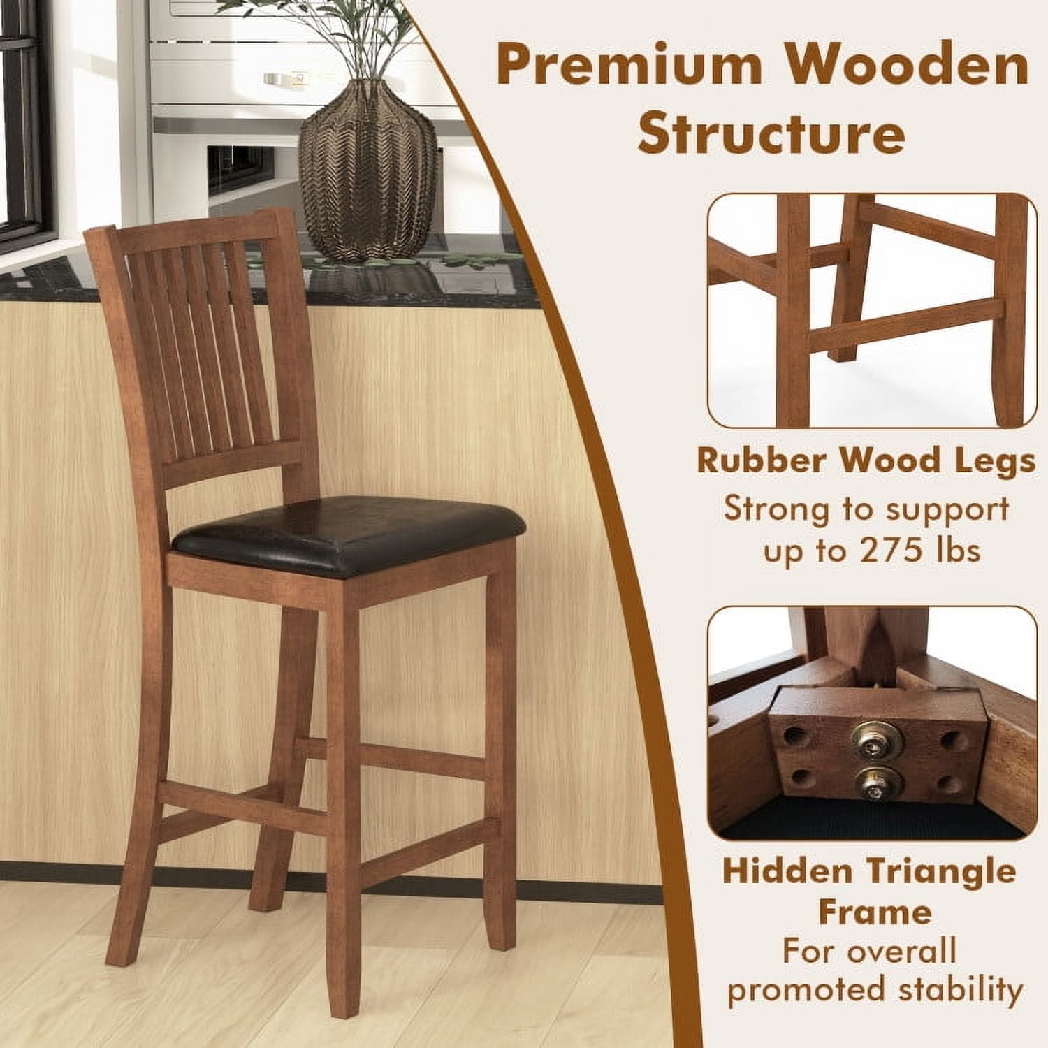 Demi Bonn 2-Piece Counter Height Bar Stools with Backrest, Modern Dining Chair with Backrests, Walnut