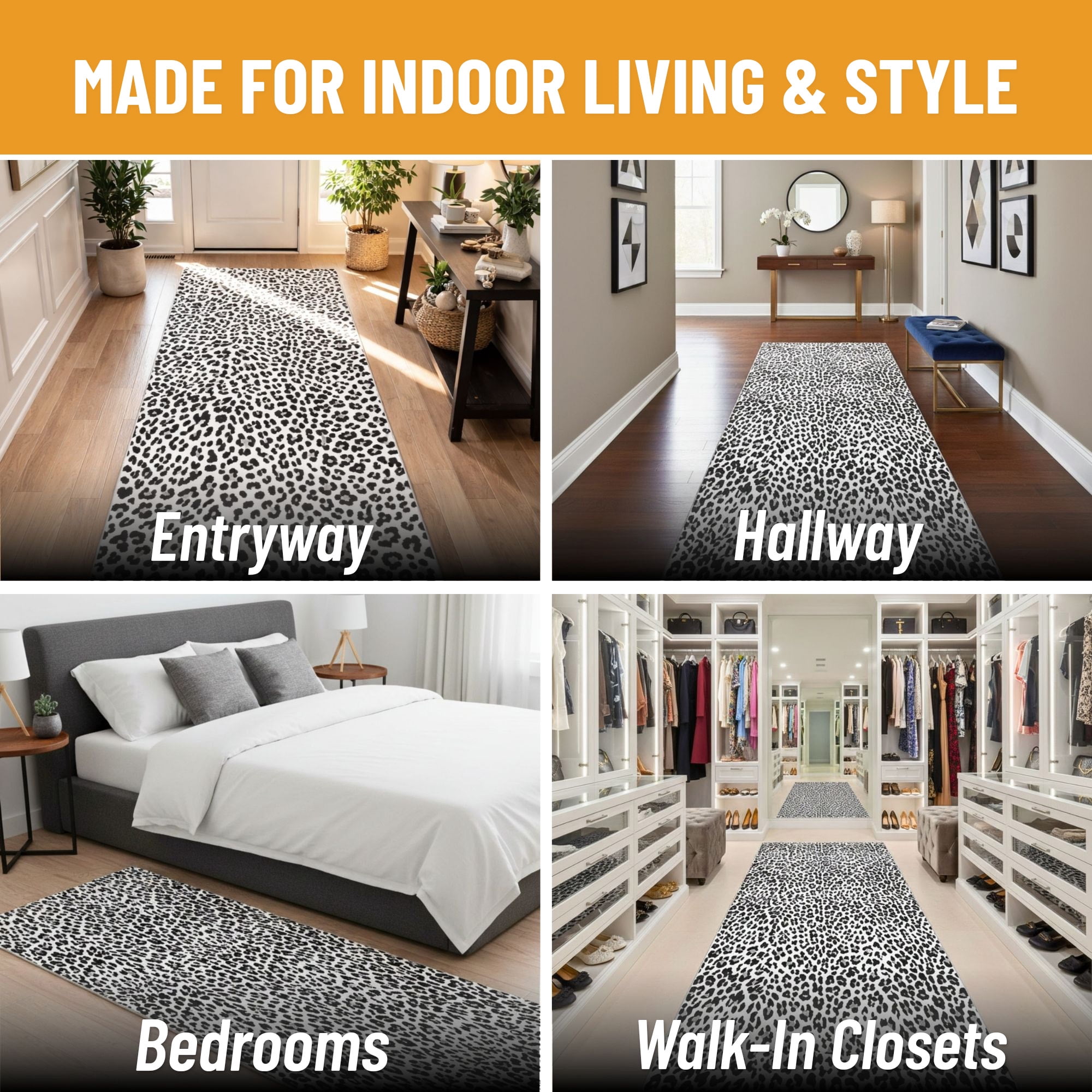 Ottomanson Hallway Runner Rug 2'7" x 13' Soft Non-Slip Indoor Rug, Leopard Print Black & White