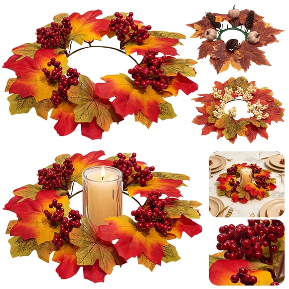 3 Pcs Artificial Maple Leaves & Berries Candle Rings, 11" Wide Autumn Wreaths, Fall Candle Holders, Farmhouse Thanksgiving Candle Holder Wreaths, Wedding Centerpiece Table Door, Halloween Decoration