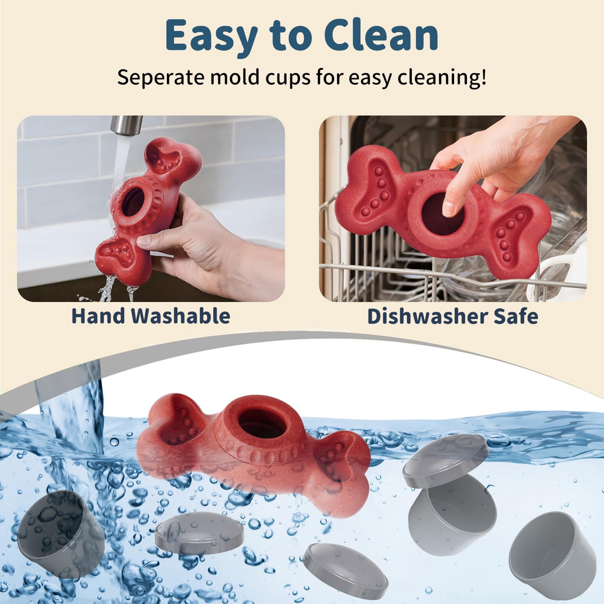 Durable nylon chew toy for aggressive chewers, with fillable treat cups & ice cream mold. Cognitive licking enrichment, bone-shaped, red. Keeps dogs busy.