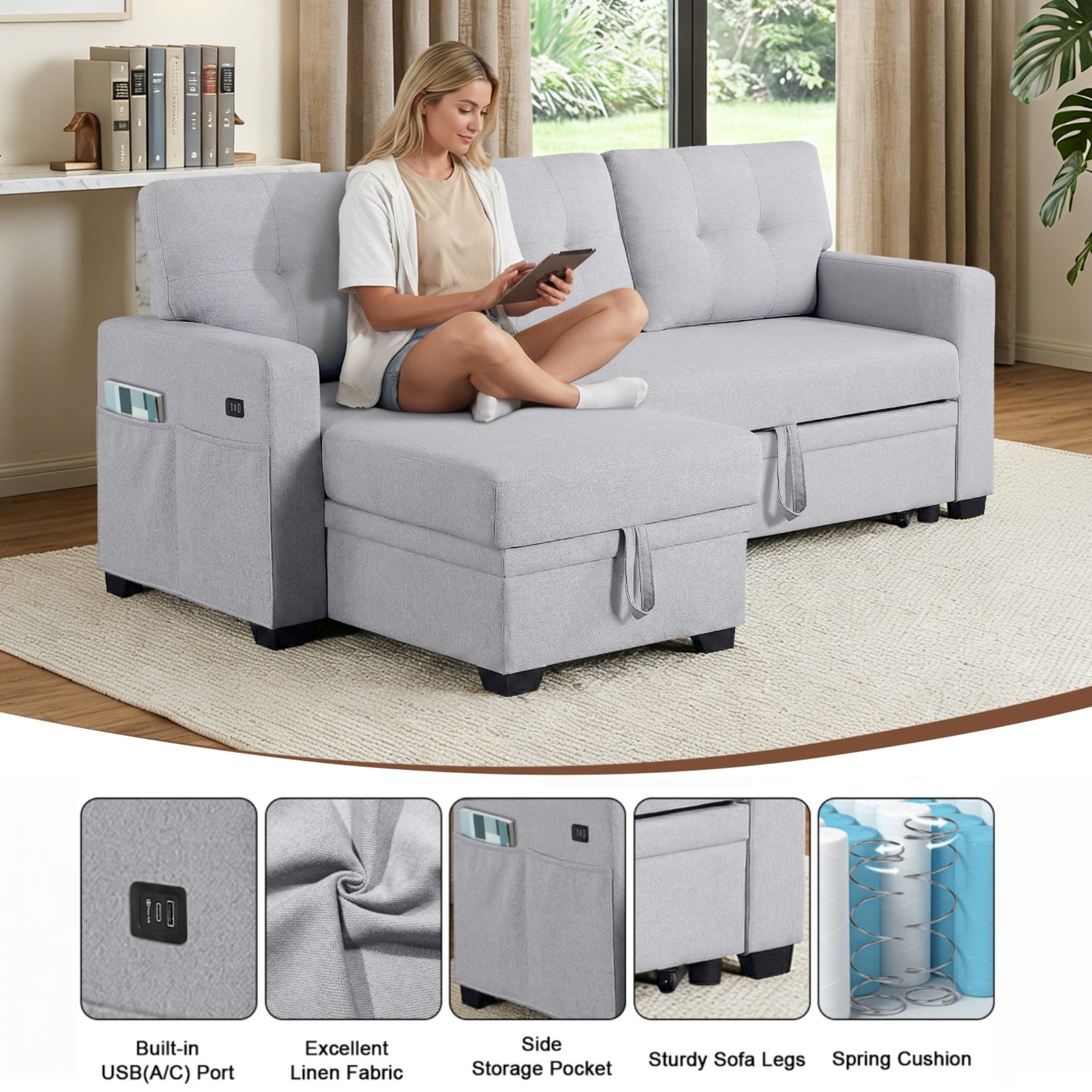 ShiKeyi 82" L Shaped Sleeper Sofa Bed, Sectional Sleeper Couch with Pull Out Bed, 3 Seat Convertible Sofa Bed with Storage Chaise, USB Charging Ports for Living Room, Light Gray Linen Fabric