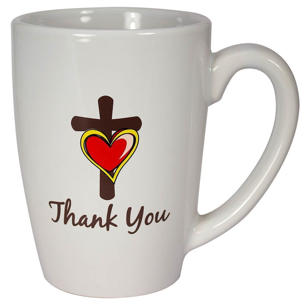 Thank You 13 oz Ceramic Coffee Mug with Cross and Heart