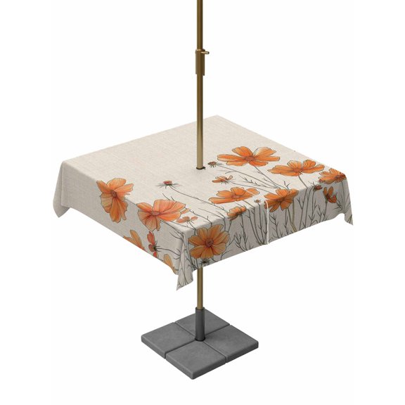 Outdoor Table Cloth with Umbrella Hole and Zipper, Orange Spring Floral Waterproof Square Tablecloth 54"x54", Summer Botanical Rustic Daisy Washable Table Cover for Outside Party Patio Picnic