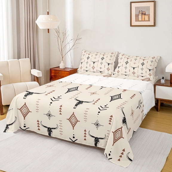 Manfei Vintage Cow Skull Twin Sheet Sets 3 Pieces, Rustic Lodge Cabin Twin Fitted Sheet, Bohemian Aztec Flat Sheet, Beige Brown Black Bedroom Decor