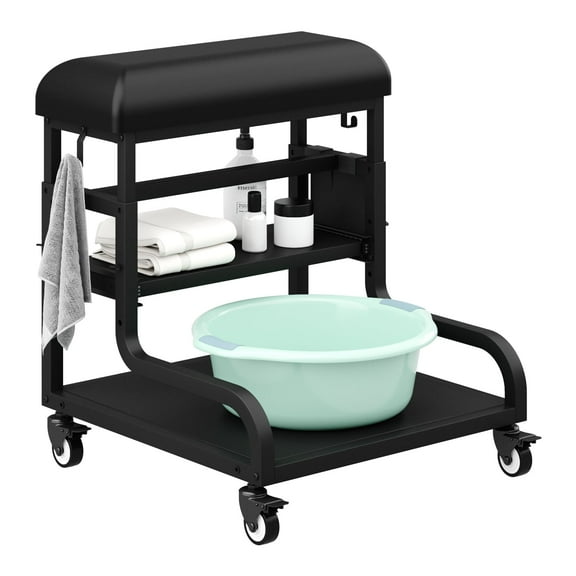 Advwin Pedicure Foot Rest with PU Cushion, 3-Level Adjustable Height, Storage & Locking Wheels, Mobile Pedicure Cart Foot Bath Trolley for Home, Spa & Salon, Black