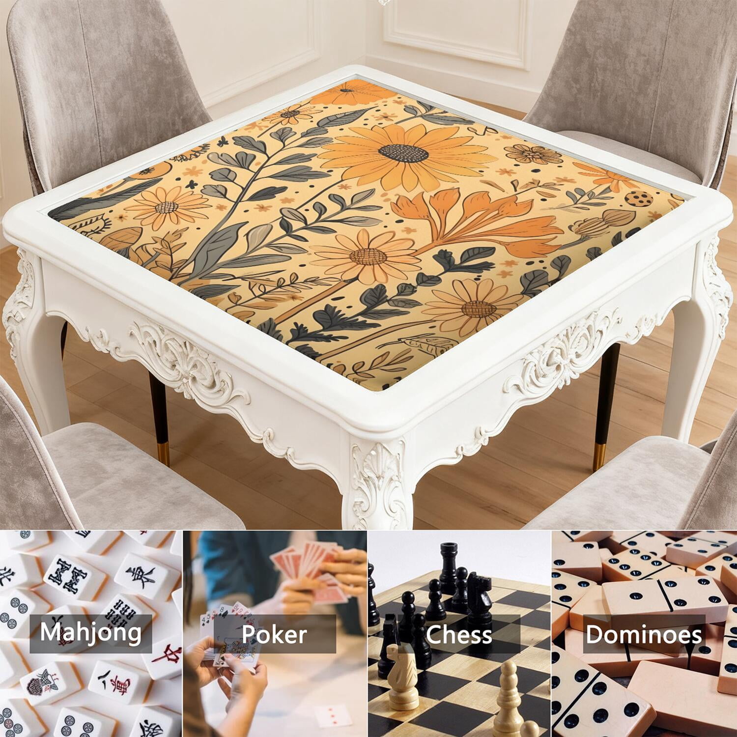 Traditional Floral Design Non-Slip Rubber Surface for Game Room 31.5 Inch Square Mahjong Playing Mat with Noise Dampening for Family Game Nights