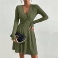 thumbnail image 4 of CharmCyan Long Sleeve V Neck Ribbed Knit Dress for Women A Line Silhouette Soft Fabric Pullover Design Casual Wear Green S, 4 of 5