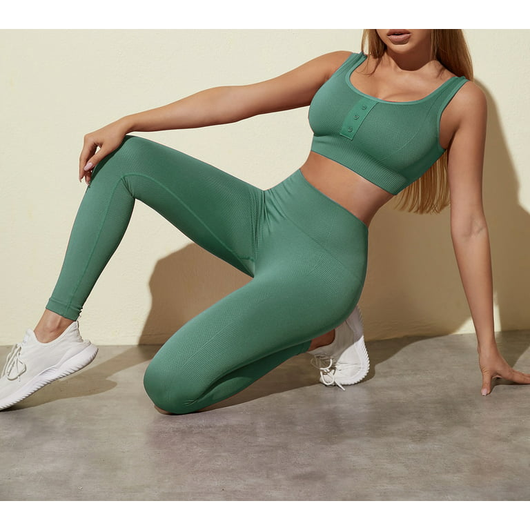 Zimi Workout Outfits for Women 2 Piece Seamless Rib-knit Sports Bra High  Waist Yoga Leggings Sets Green S
