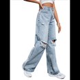 thumbnail image 3 of Pantalones Vaqueros Rotos de Cintura Alta para Mujer, Desgastados, Holgados, Rectos y de Pierna Azul S, 3 of 10