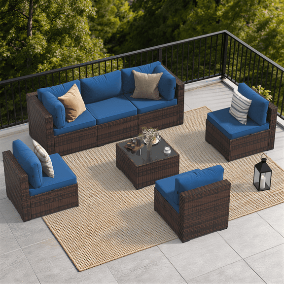 YardCache 7-Piece Outdoor Patio Sectional Sofa Set, All-Weather Wicker Rattan Furniture with Coffee Table & Waterproof Cover (Blue)
