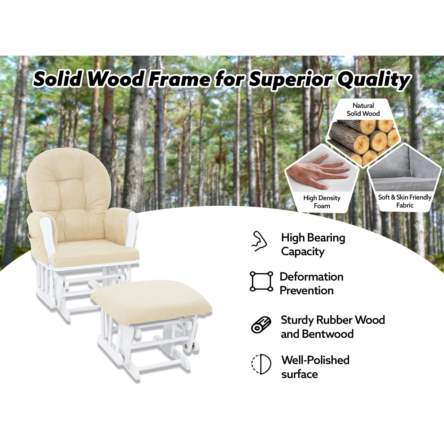 Brisbane Nursery Glider & Ottoman Set - Reclining Glider Rocker Chair for Breastfeeding, Maternity, & Comfort, White,Gray-Cushion Color:Cream,Finish:White