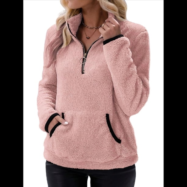 Sudadera Informal de con Cremallera de un Cuarto para Mujer, Larga, Ligera, Suave y Afelpada, con Bolsillos. Rosa L