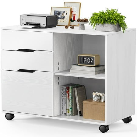 Edx Wooden 3 Drawer File Rolling Cabinet with Wheels  White