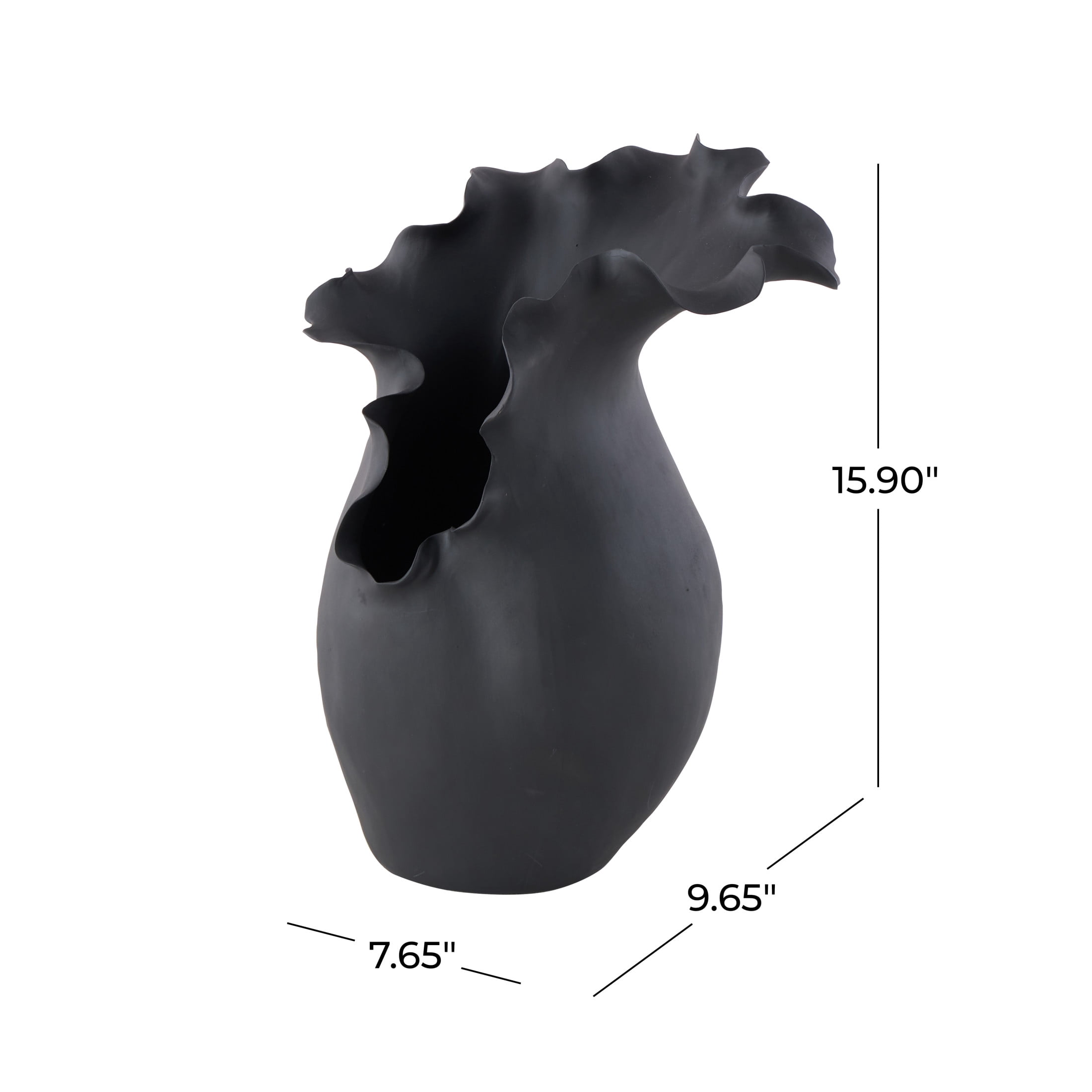 DecMode 16" Abstract Floral Inspired Black Ceramic Vase with Wavy Folded Rim