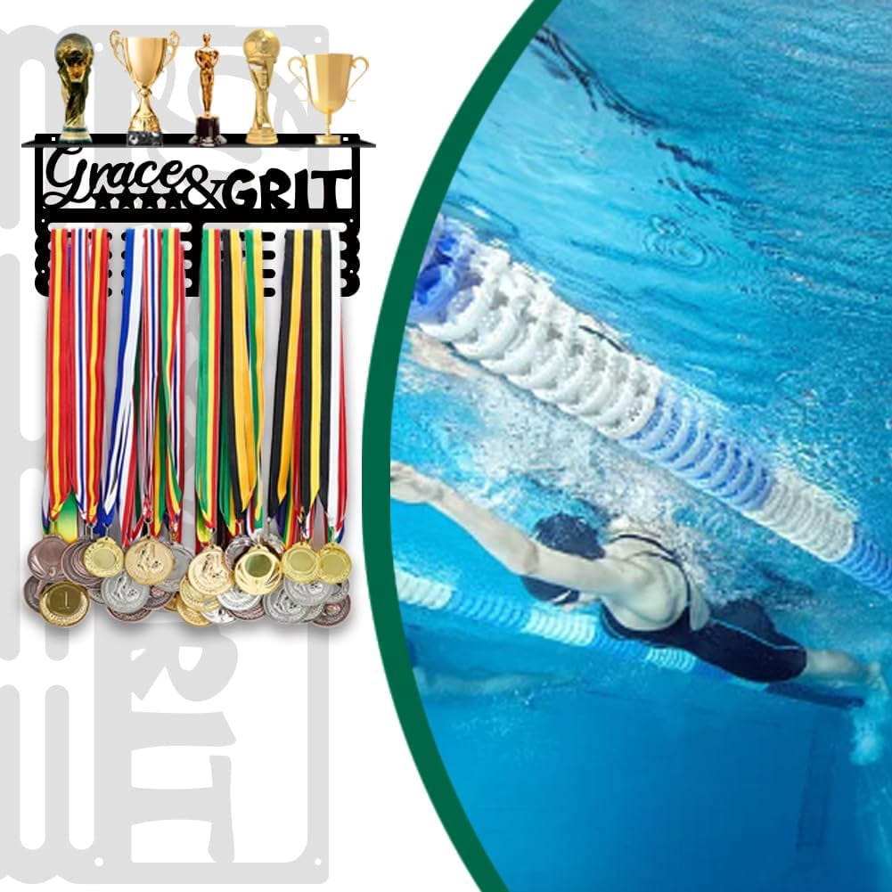 Medal Holder Display Hanger Grace & Grit Metal Medal Hooks Medal Hanger Display Rack Frame Ribbon Holder Wall Mounted Competition Awards Holder Hanging for 60 Sports Medals Athletes GiftBlack