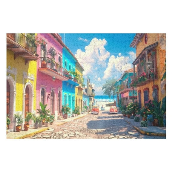 Puzzles for Adults 300 Pieces - Cartoon Latin American Village Scenery Funny Challenging Puzzle Brain Teaser Activity Perfect for Game Nights