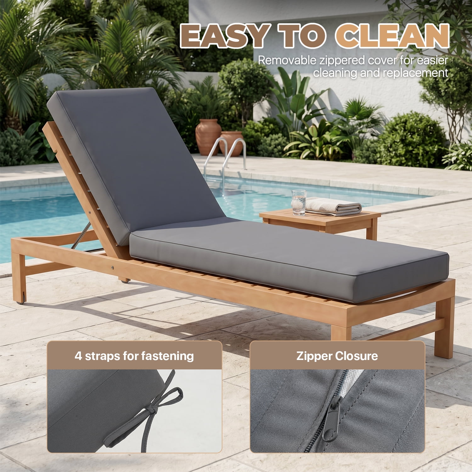 BaPiPro Gray Outdoor Chaise Lounge Cushion, Waterproof Patio Lounge Chair Pad with High-Density Foam, Removable Cover & Secure Ties for Poolside, Garden & Patio