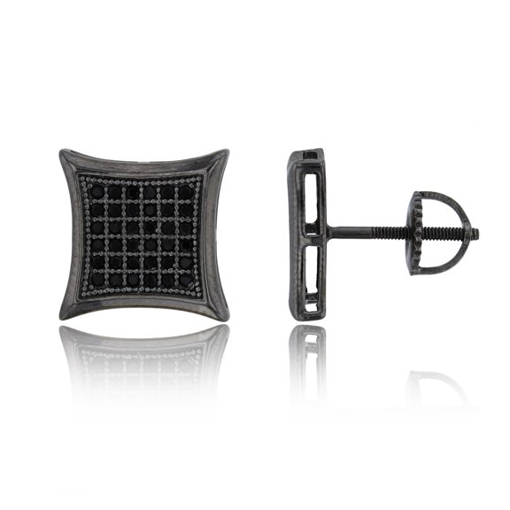 Decadence Sterling Silver Black 12mm Micropave Black Cubic Zirconia Curved Square Screw-Back Stud Earring