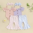 thumbnail image 5 of Odeerbi 3M-2Y Toddler Girls Summer Outfits Layette Set Bow Rib Knit Bodysuit Plaid Flared Pants with Headband Three-piece Set Jumpsuit Printed Trousers Set Toddler Girls Clothes, 5 of 5