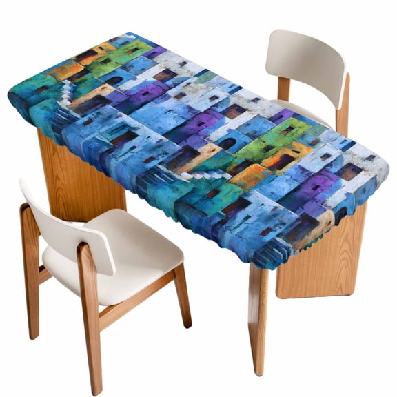 Abstract Blue Table Cloths for 5 Foot Rectangle Tables, Painting Buildings Geometric Modern Art Patio Waterproof Elastic Fitted Tablecloths, Washable Rectangular Table Cover for Camping
