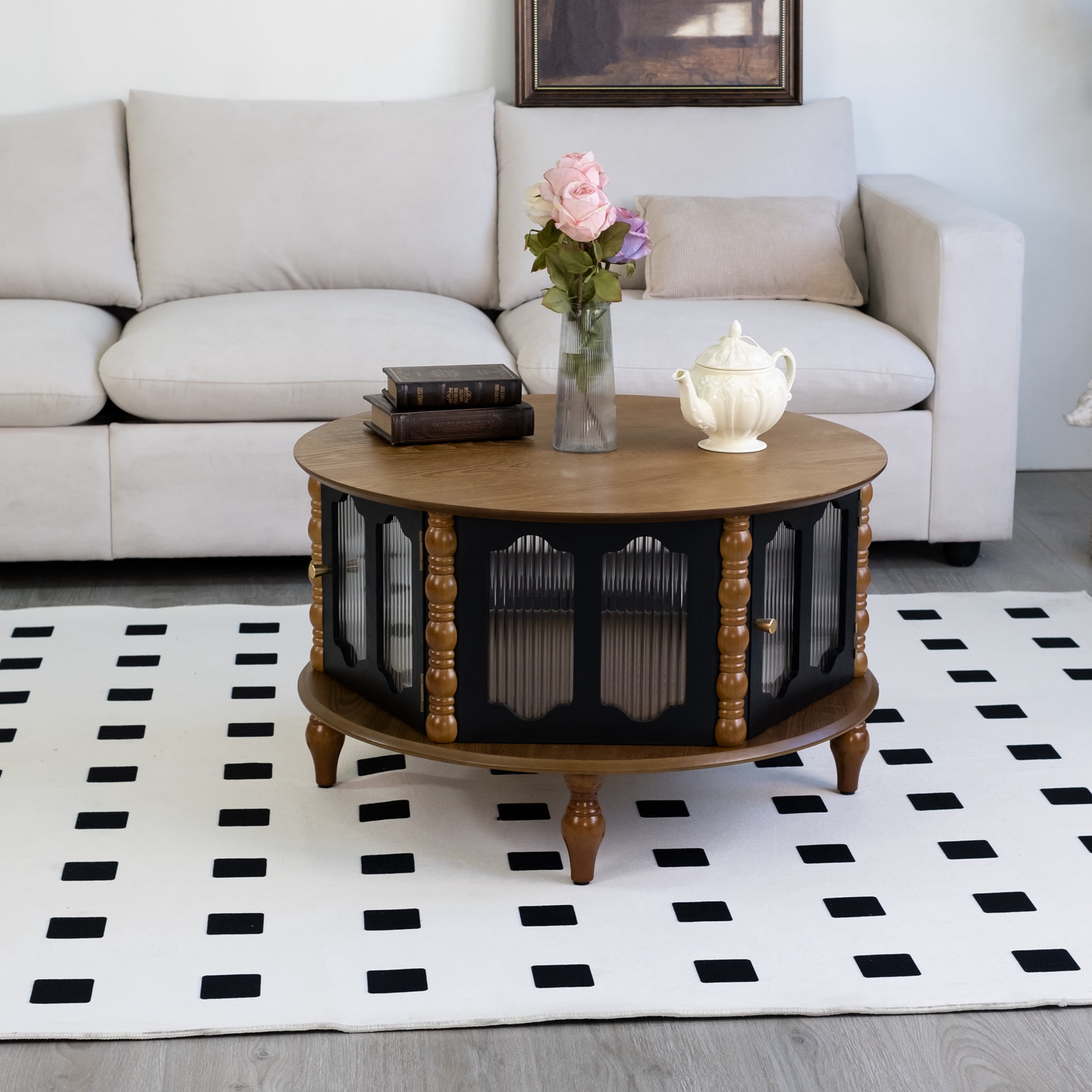 Noble House Mourade 31.5" Round Coffee Table with Storage, Industrial Modern Center Table for Small Spaces, Brown