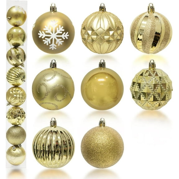 Golden Christmas Ball Ornaments -70mm/2.76" Large Glitter Pastic Christmas Ball Ornaments Xmas Tree Decoration Delicate Hanging Ornaments, Assorted Styles, Set of 8