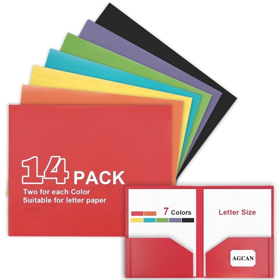 AGCAN 14 Pack Assorted Colors Plastic Folders with Pockets, 8.5x11 Heavy Duty Pocket Folder, 2-Pocket Folder with Business Card Slot, Aesthetic File Folder for School Office, Letter Size