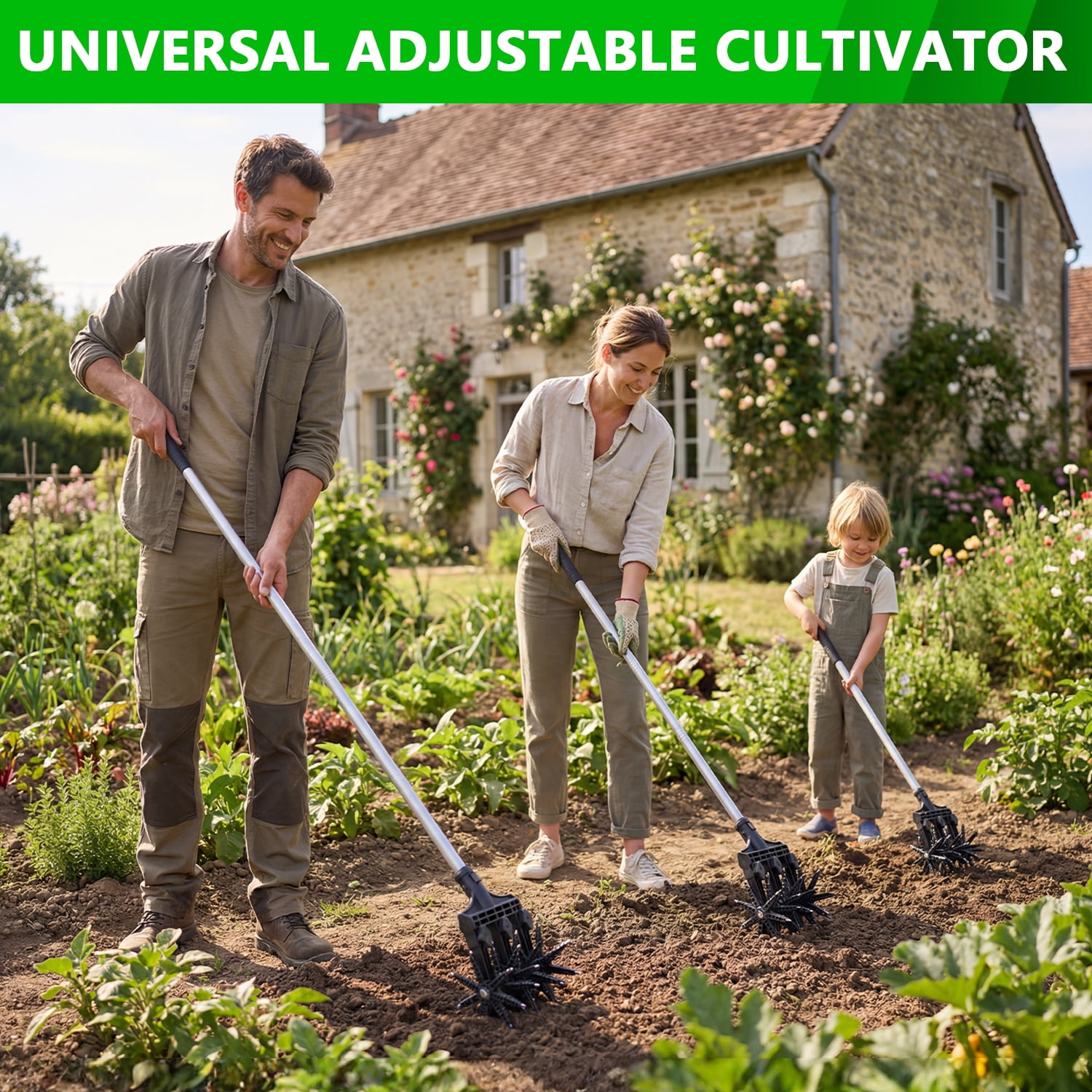 Kidsjoy 69in Manual Hand Tiller,2-in-1 Lawn Aerator Cultivator Tool with Adjustable Handle,42 Tines Stainless Steel Garden Tool for Soil Loosening Weeding Seeding Soil Mixing