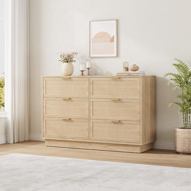 Garvee Commode en Rotin à 6 Tiroirs, Commode en Bois Naturel, pour Chambre, Couloir, Entrée, Garde-Robe, Naturel